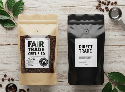 Flat-lay of two sustainable coffee bags side by side — one labeled Fair Trade Certified and the other Direct Trade — highlighting Kirenge Gold ethical coffee sourcing and eco-friendly packaging.