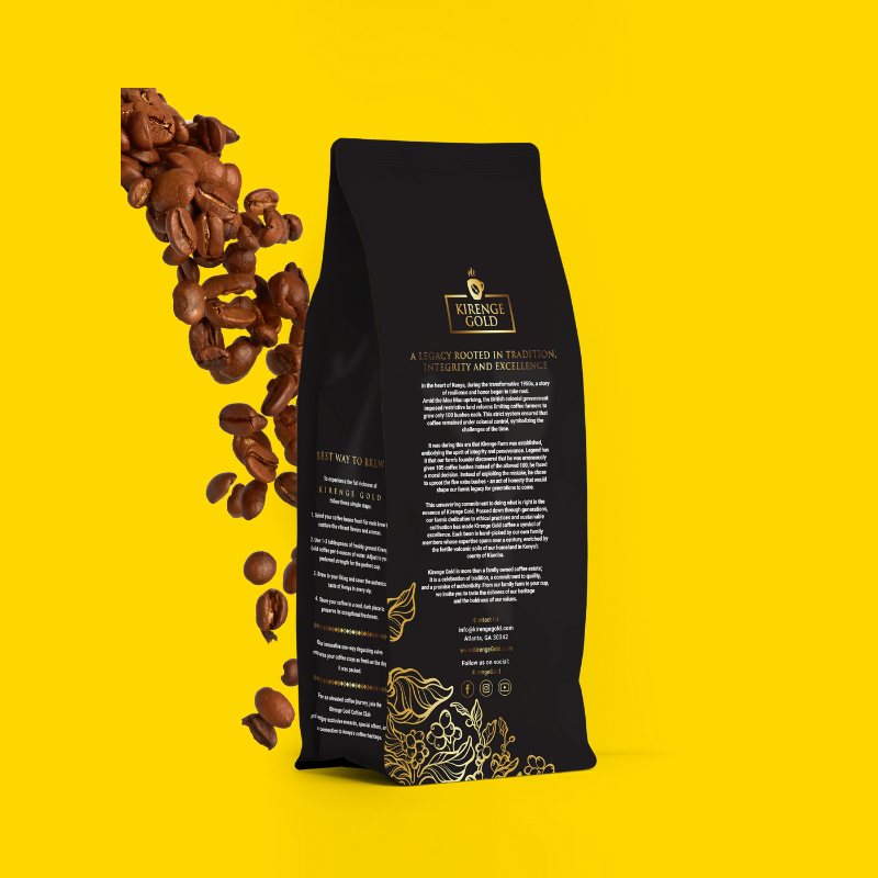Kirenge gold coffee bag back side with gold text on a yellow background