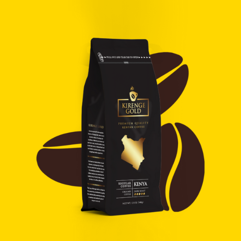 Kireng Gold Dark Roast coffee package on a yellow background with coffee beans.