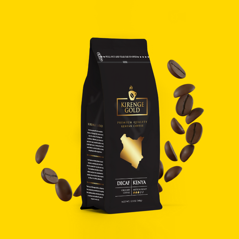 Kireng Gold Decaf ground coffee beans package with scattered coffee beans on a yellow background