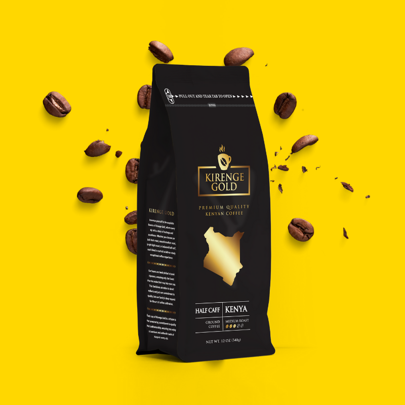 Kirenga Gold Half Caff coffee bag with scattered coffee beans on a yellow background