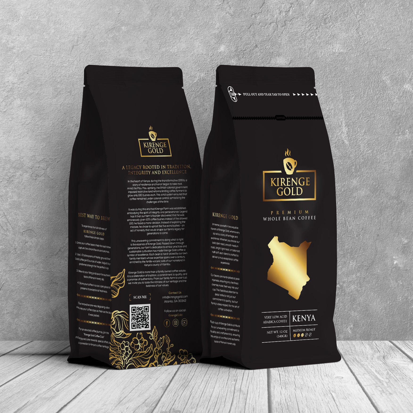 Two bags of Premium Kenyan AA coffee beans from Kirenge Gold family estate, freshly roasted, aromatic, and high-quality beans for coffee enthusiasts.
