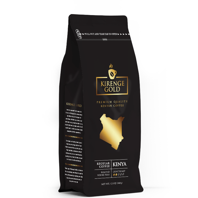 Kirenge Gold Premium Kenyan light roast coffee beans 12oz bag, bright and aromatic with floral notes.