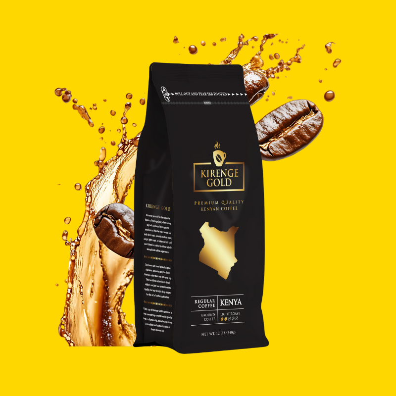 Kireng Gold Light Roast coffee package with coffee beans aon a yellow background