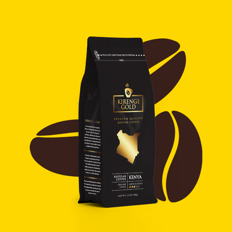 Kireng Gold Medium Roast coffee package on a yellow background with coffee beans