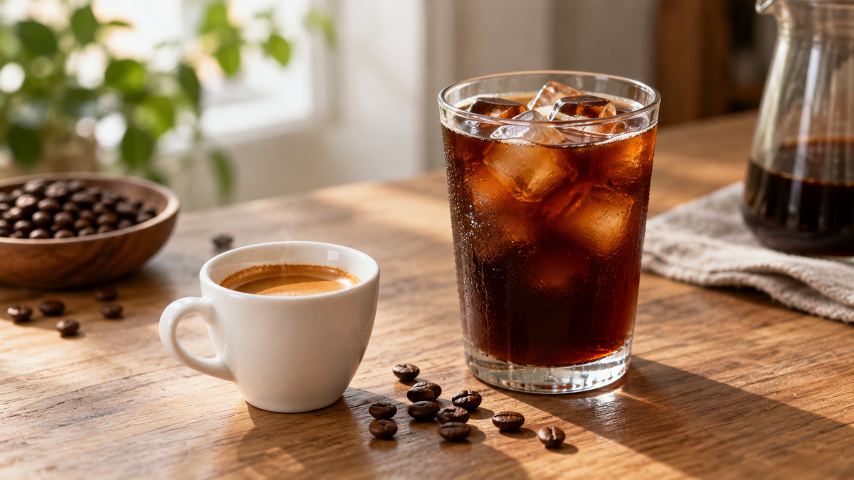 A shot of espresso in a small white cup next to a tall glass of iced cold brew on a wooden table