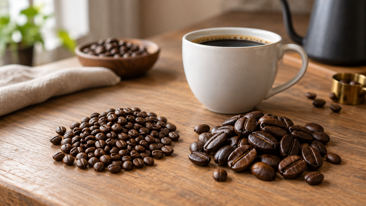 Two heaps of roasted coffee beans with different shapes beside a white cup of black coffee on a wooden table
