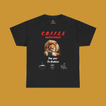 Black t-shirt with a lion holding a coffee cup and text Coffee Anonymous. Kirenge Gold Coffee Anonymous T-shirt