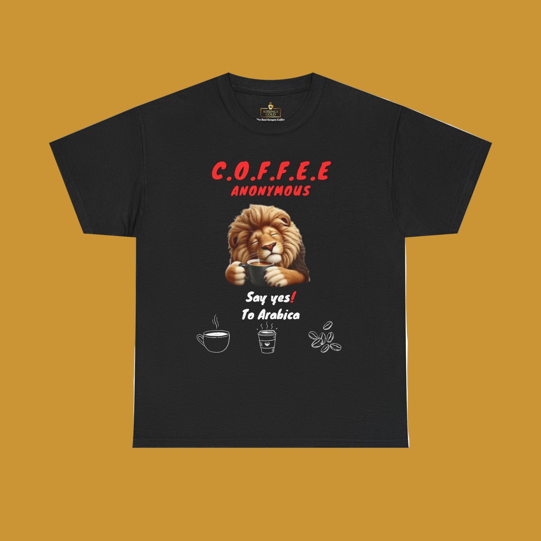 Black t-shirt with a lion holding a coffee cup and text Coffee Anonymous. Kirenge Gold Coffee Anonymous T-shirt