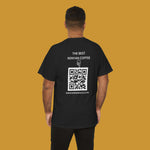 Person wearing a Kirenge Gold I'm your coffee plug black t-shirt with a QR code 