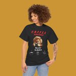 A person wearing a Black t-shirt with a lion holding a coffee cup and text Coffee Anonymous. Kirenge Gold Coffee Anonymous T-shirt