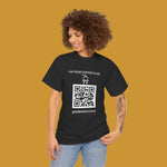 Person wearing a Kirenge Gold I'm your coffee plug black t-shirt with a QR code 