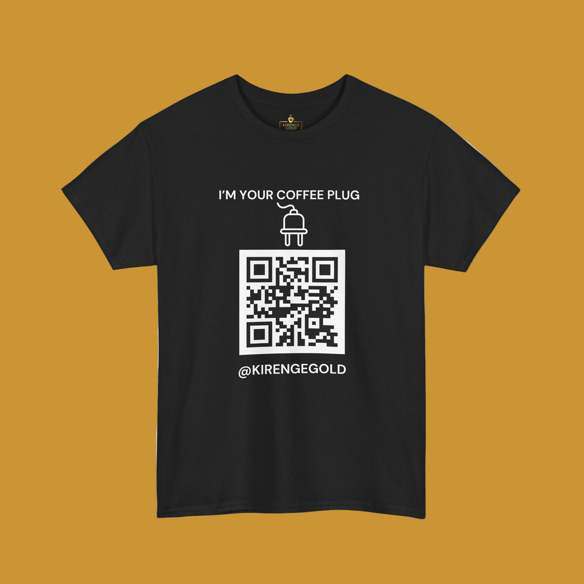 Person wearing a Kirenge Gold I'm your coffee plug black t-shirt with a QR code 