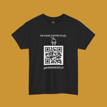 Person wearing a Kirenge Gold I'm your coffee plug black t-shirt with a QR code 
