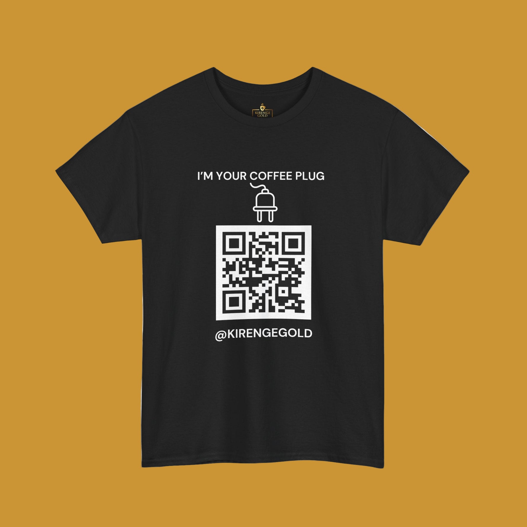 Person wearing a Kirenge Gold I'm your coffee plug black t-shirt with a QR code 