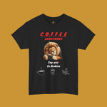 Black t-shirt with a lion holding a coffee cup and text Coffee Anonymous. Kirenge Gold Coffee Anonymous T-shirt