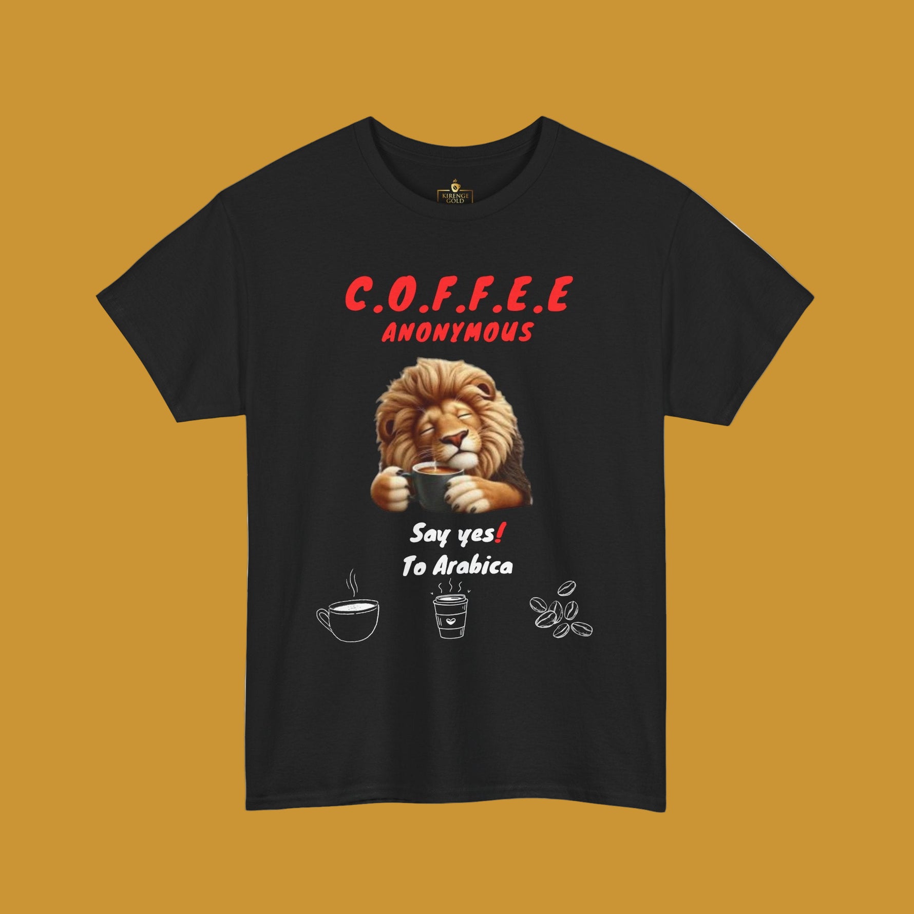 Black t-shirt with a lion holding a coffee cup and text Coffee Anonymous. Kirenge Gold Coffee Anonymous T-shirt