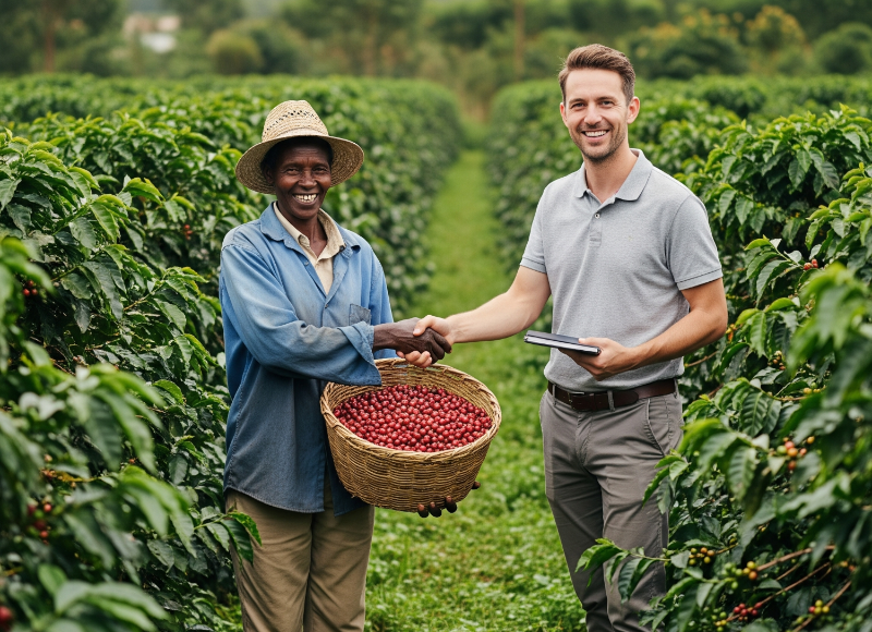 A coffee farmer and a buyer shaking hands in a coffee plantation with the buyer holding a basket of coffee cherries in direct trade involvement.