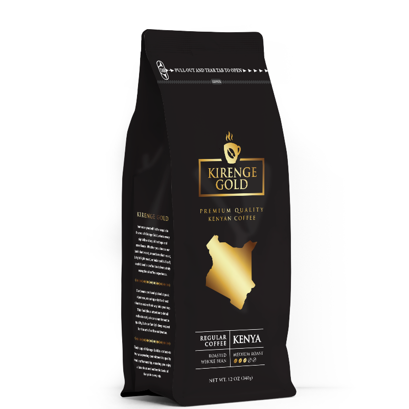 Kirenge Gold Medium Roast Whole Bean Coffee Bag – Premium Kenyan Arabica Beans, Freshly Roasted for Bold, Balanced Flavor.