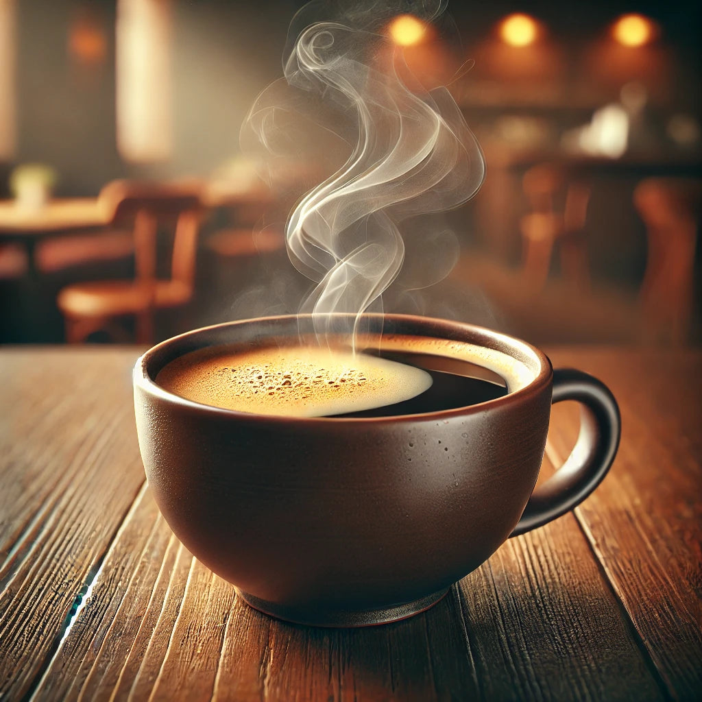 A cup of steaming Kirenge Gold Premium Coffee